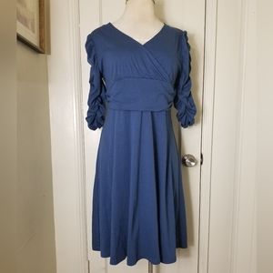 AMIKA XXXL blue fit and flare ruched sleeve cotton blend midi dress